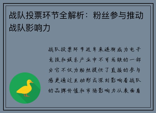战队投票环节全解析：粉丝参与推动战队影响力